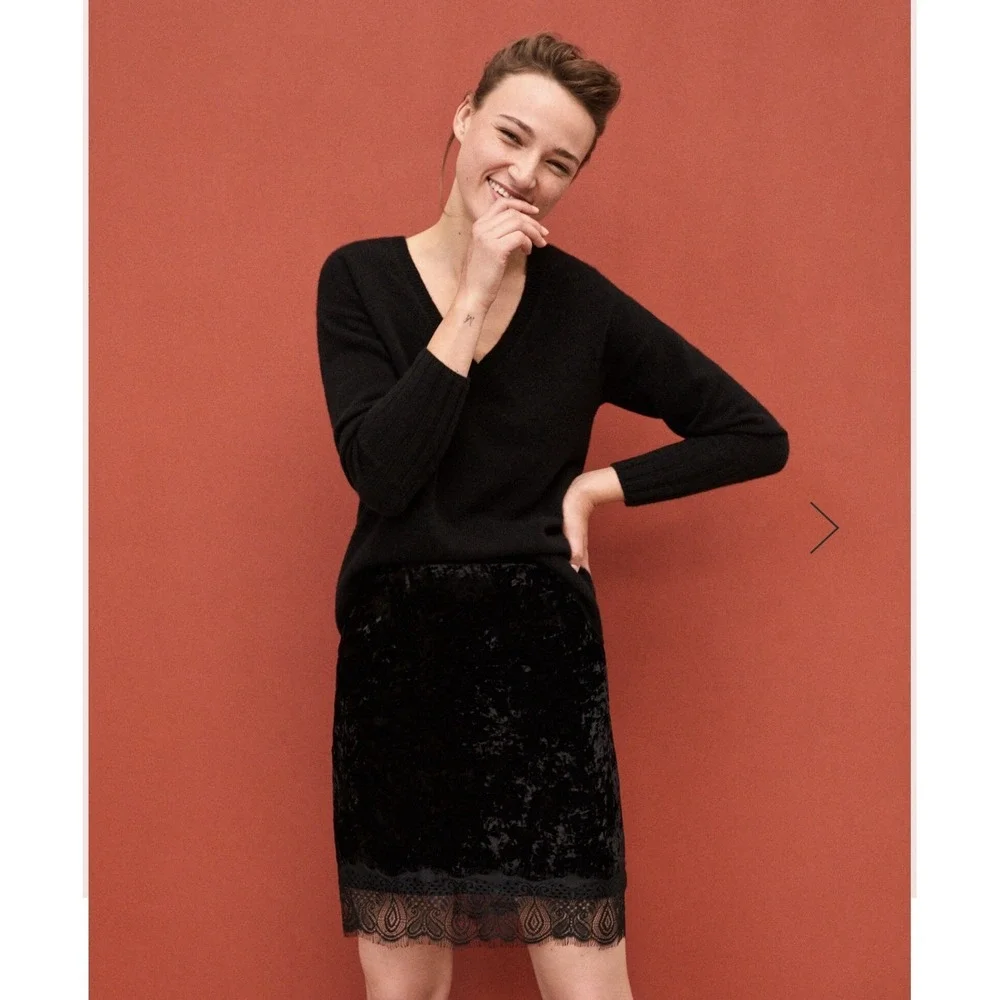 Comptoir des Cotonniers Black Crushed Velvet Lace Trim‎ Skirt Size XS In EUC - Picture 3 of 8